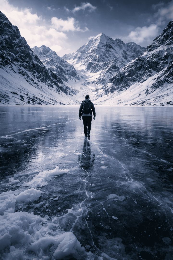 Solo hiker on a frozen lake hiking wallpaper