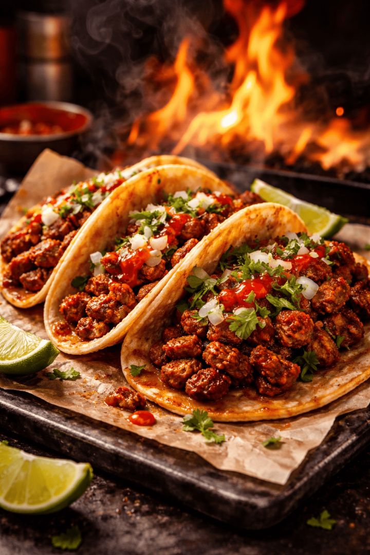 Spicy street tacos with flame backdrop wallpaper