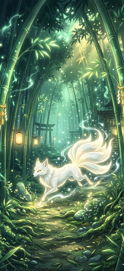 spirit fox running through enchanted bamboo forest anime wallpaper