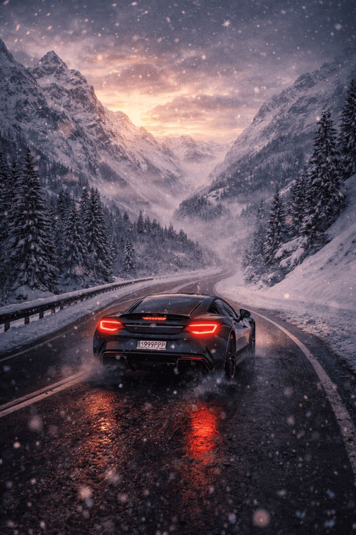 Sport car in snowy mountain pass wallpaper