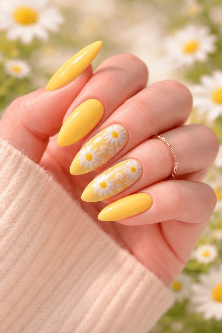 Spring daisy manicure close-up spring nails wallpaper