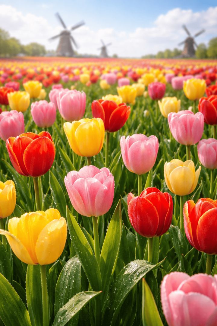 Spring tulips with windmills in view flowers wallpaper