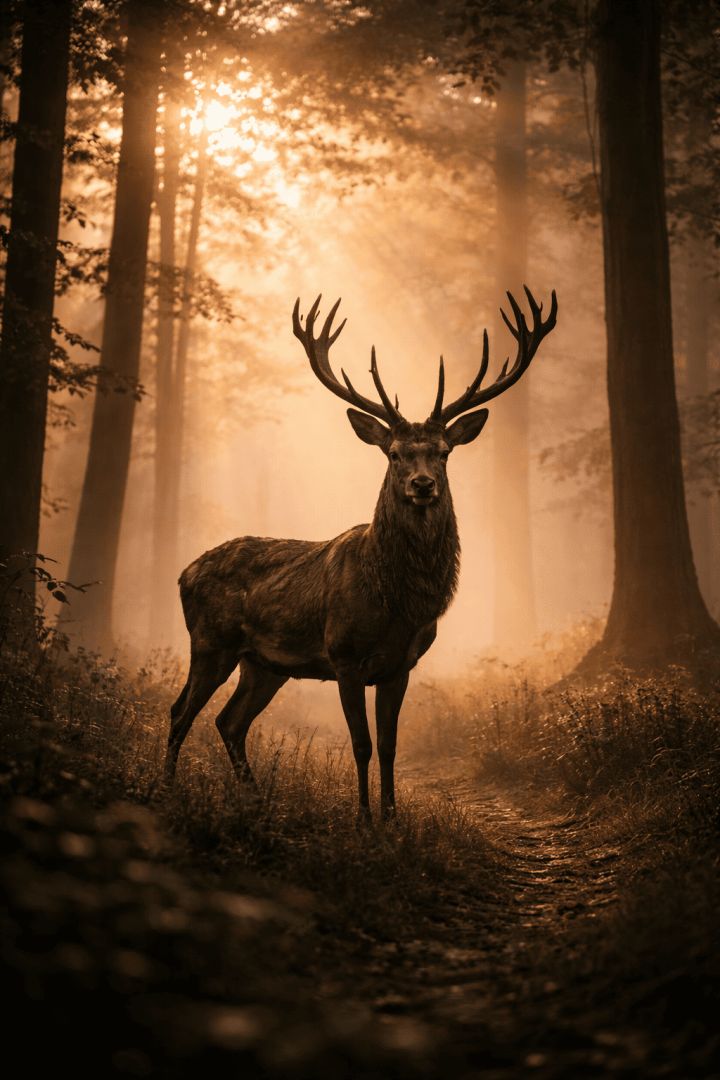 Stag in the misty dawn forest wallpaper