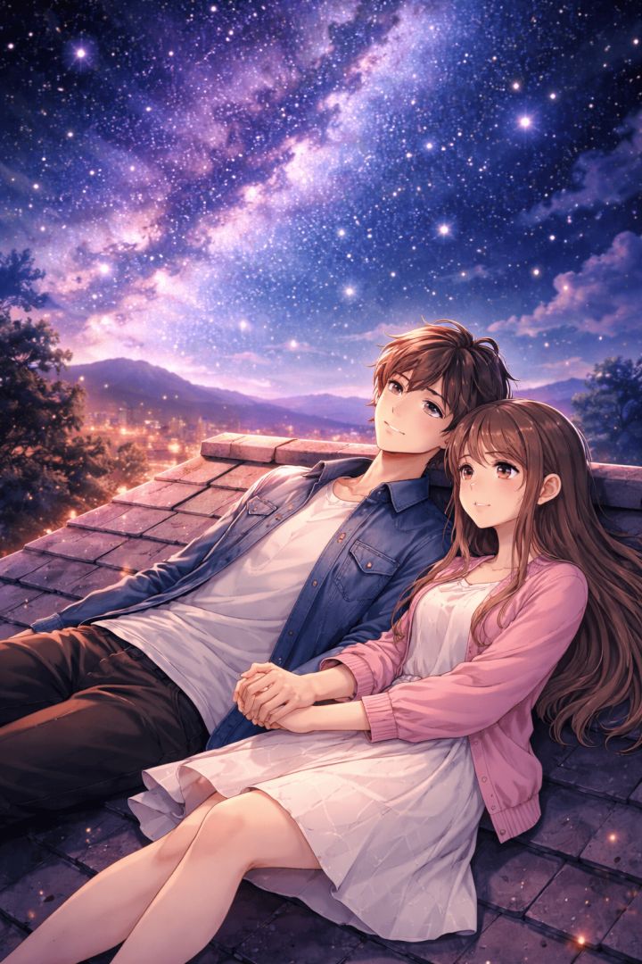 Stargazing on a rooftop night wallpaper