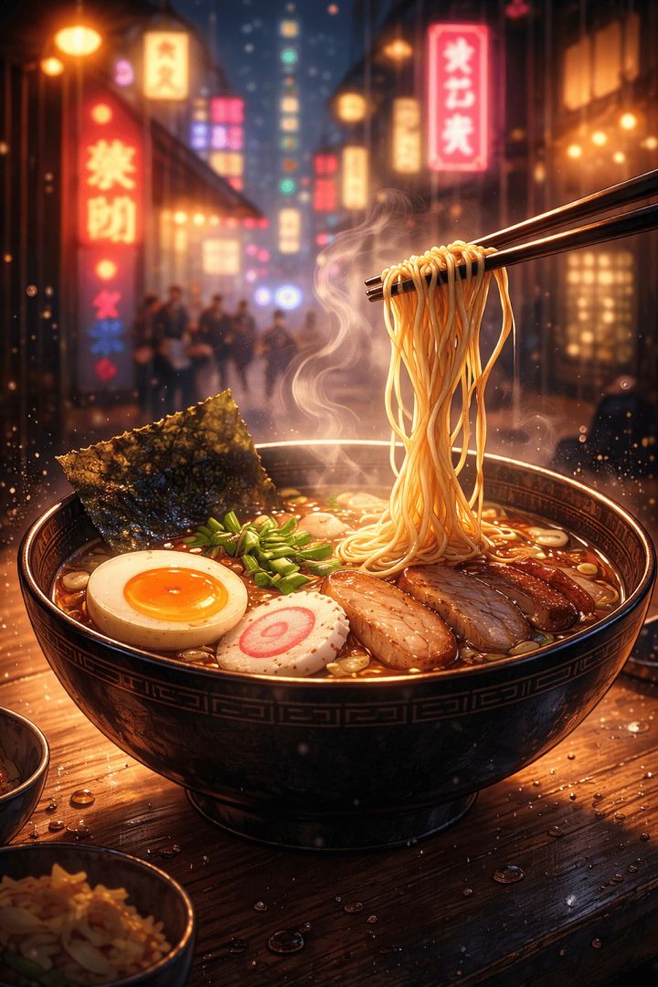 Steaming ramen at night in Tokyo wallpaper
