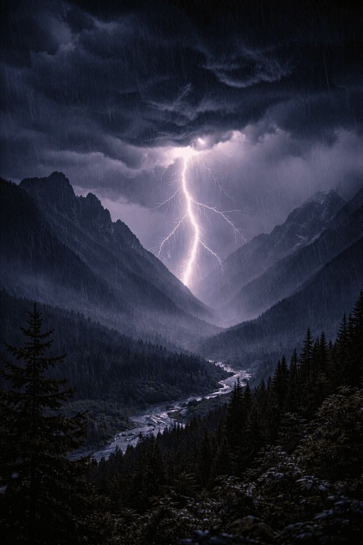 Storm over rugged mountains at night rain wallpaper