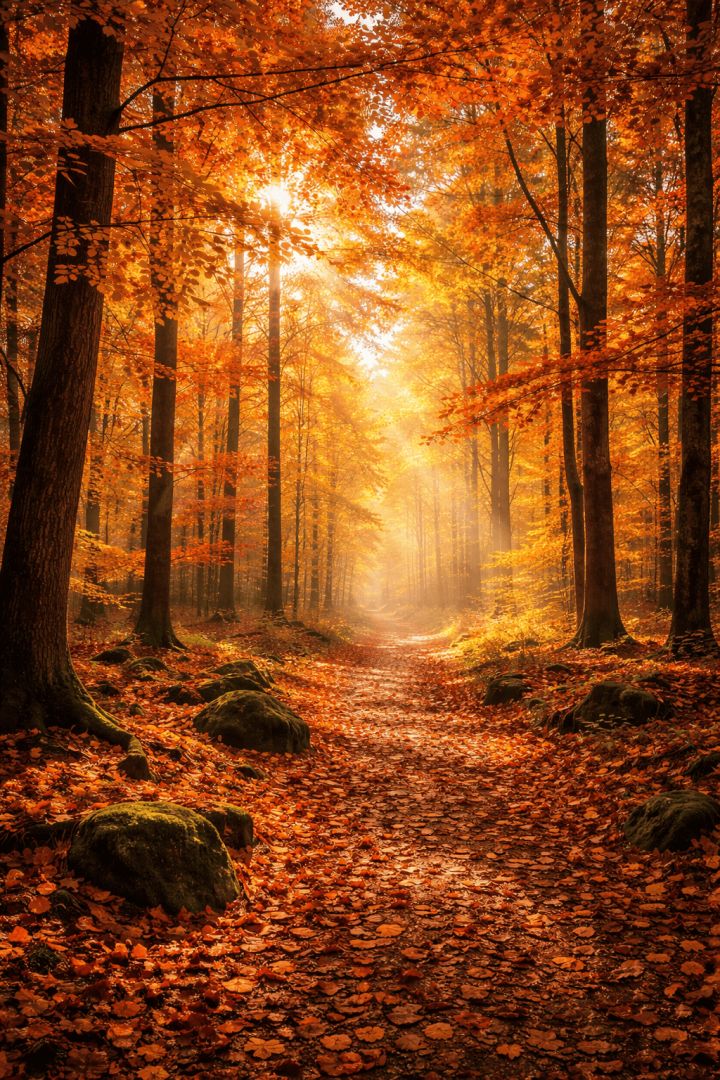 Sunlit autumn forest path wallpaper