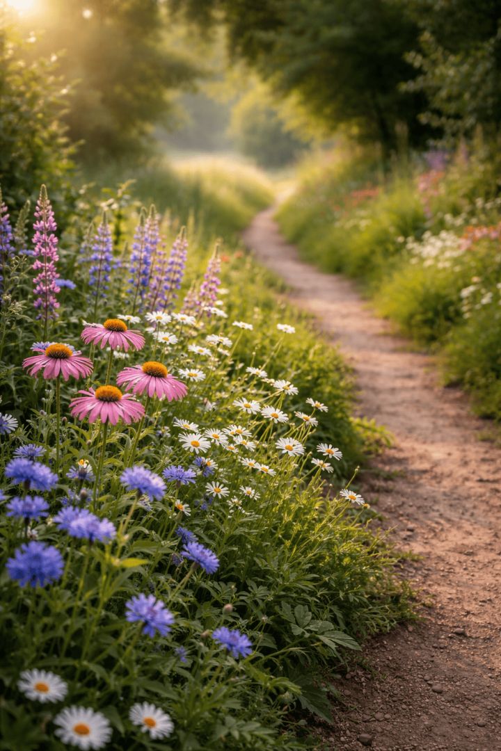 Sunlit country path with wildflowers flowers wallpaper