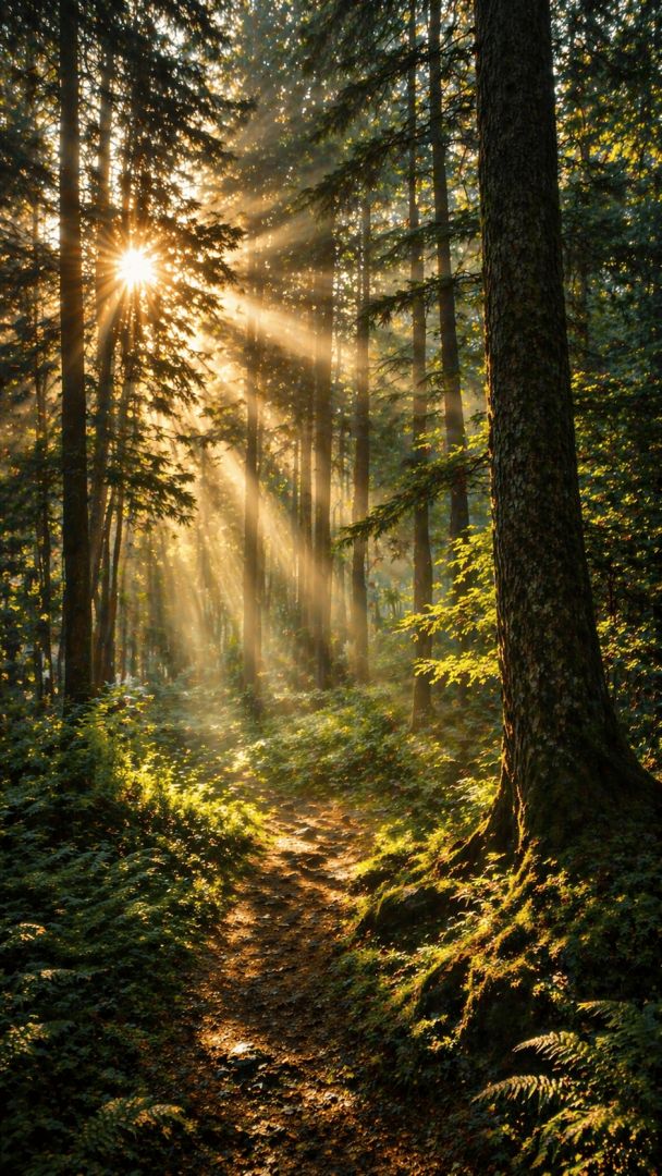 Sunlit forest path with misty rays wallpaper
