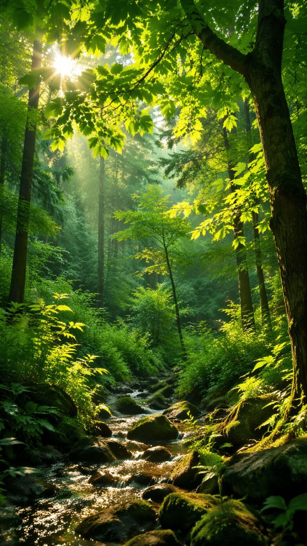 Sunlit forest stream and mossy rocks wallpaper