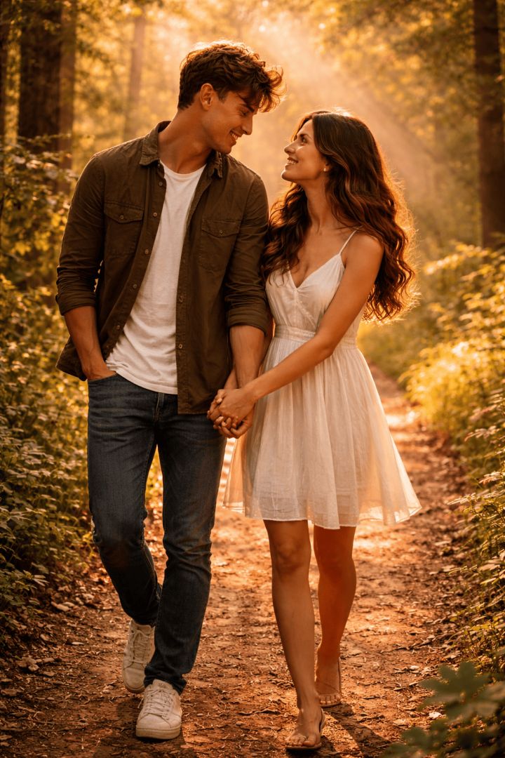 Sunlit stroll in the forest love wallpaper