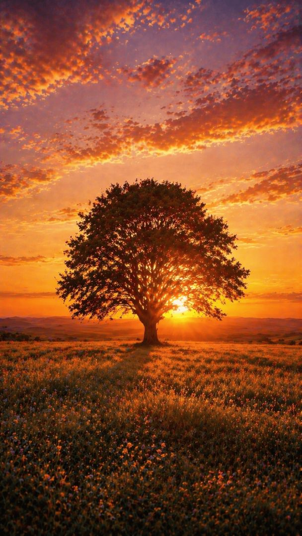 Sunset glow over tranquil meadow nature wallpaper