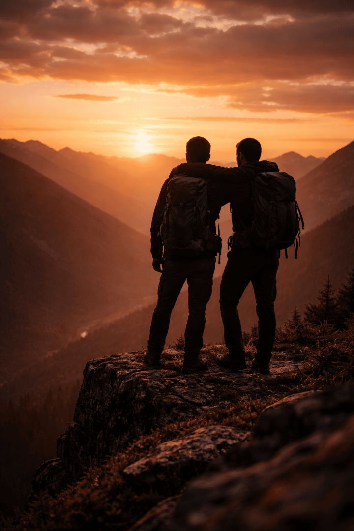 Sunset hike on mountain ridge wallpaper