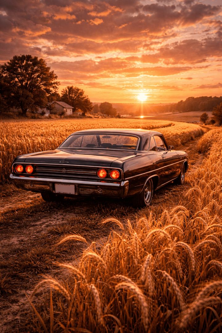 Sunset over classic Chevrolet Impala wallpaper