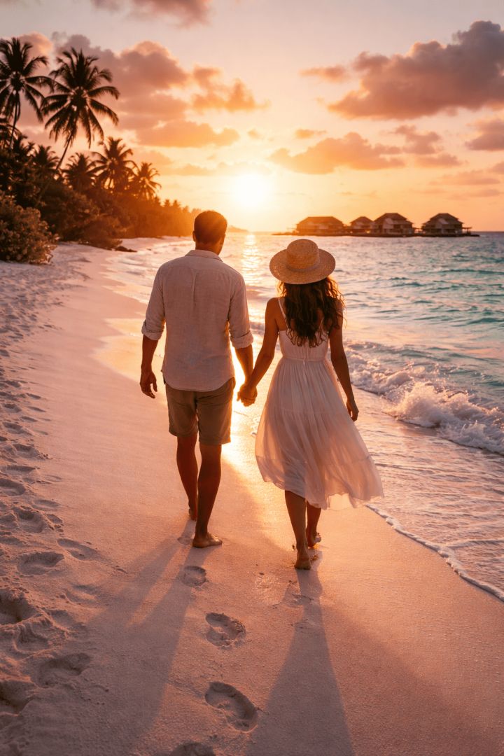 Sunset stroll on a Maldives beach adventure wallpaper