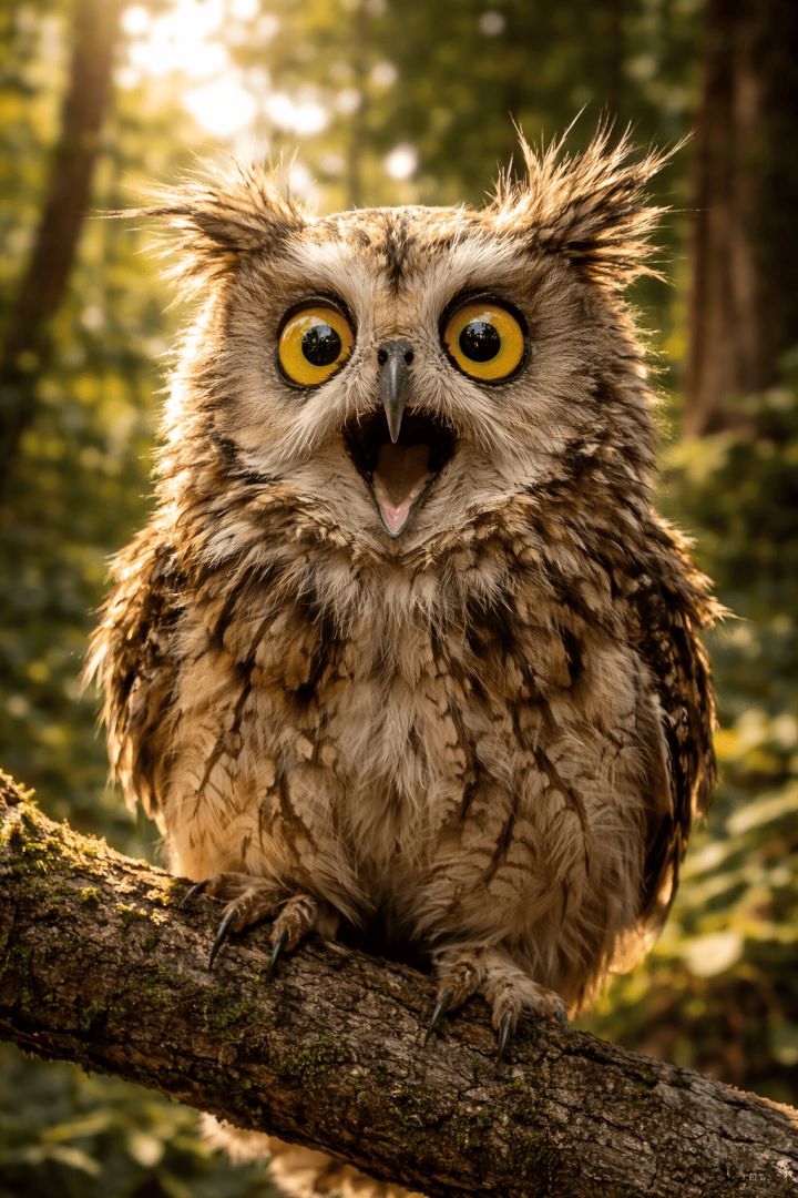 Surprised owl in sunlit forest wallpaper