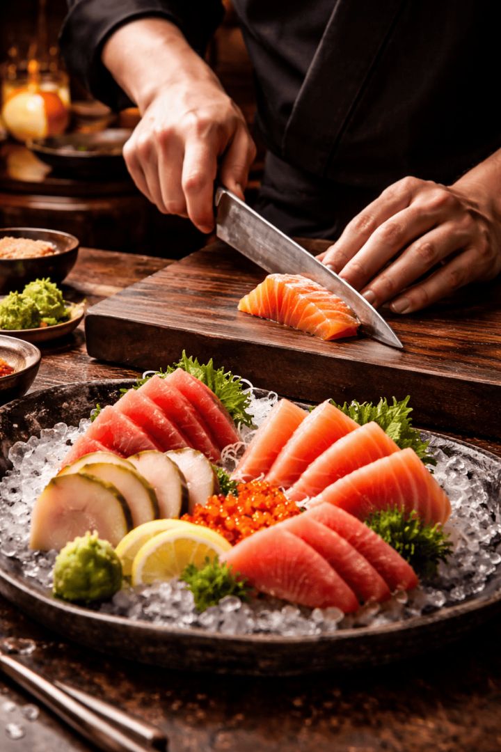 Sushi chef preparing sashimi masterpiece food wallpaper