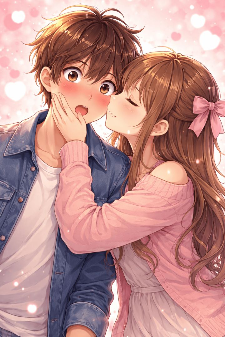 Sweet kiss under warm lights wallpaper