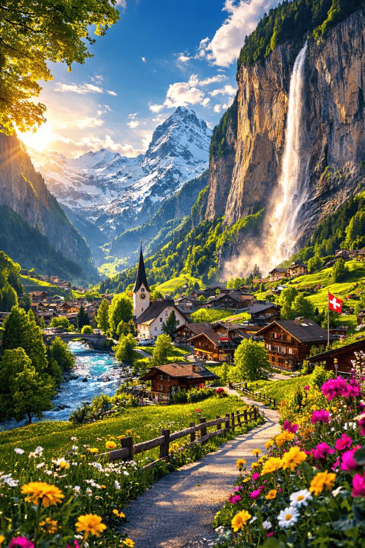 Swiss alpine village at sunset wallpaper