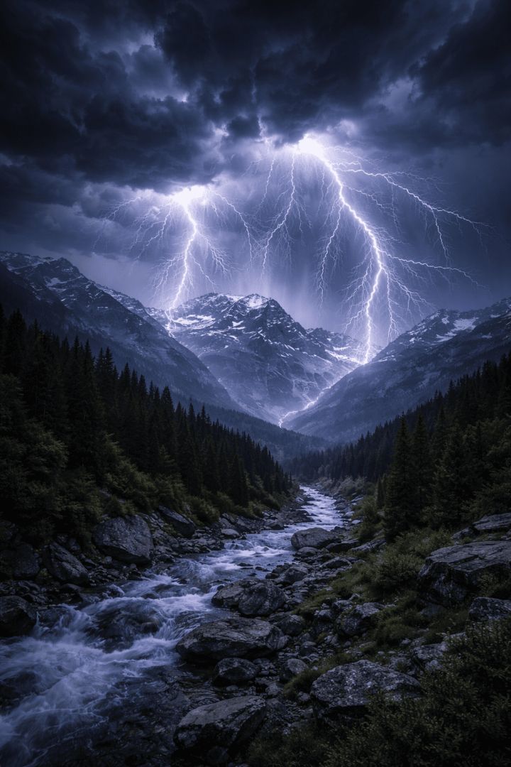 Thunderstorm over mountain peaks at night wallpaper