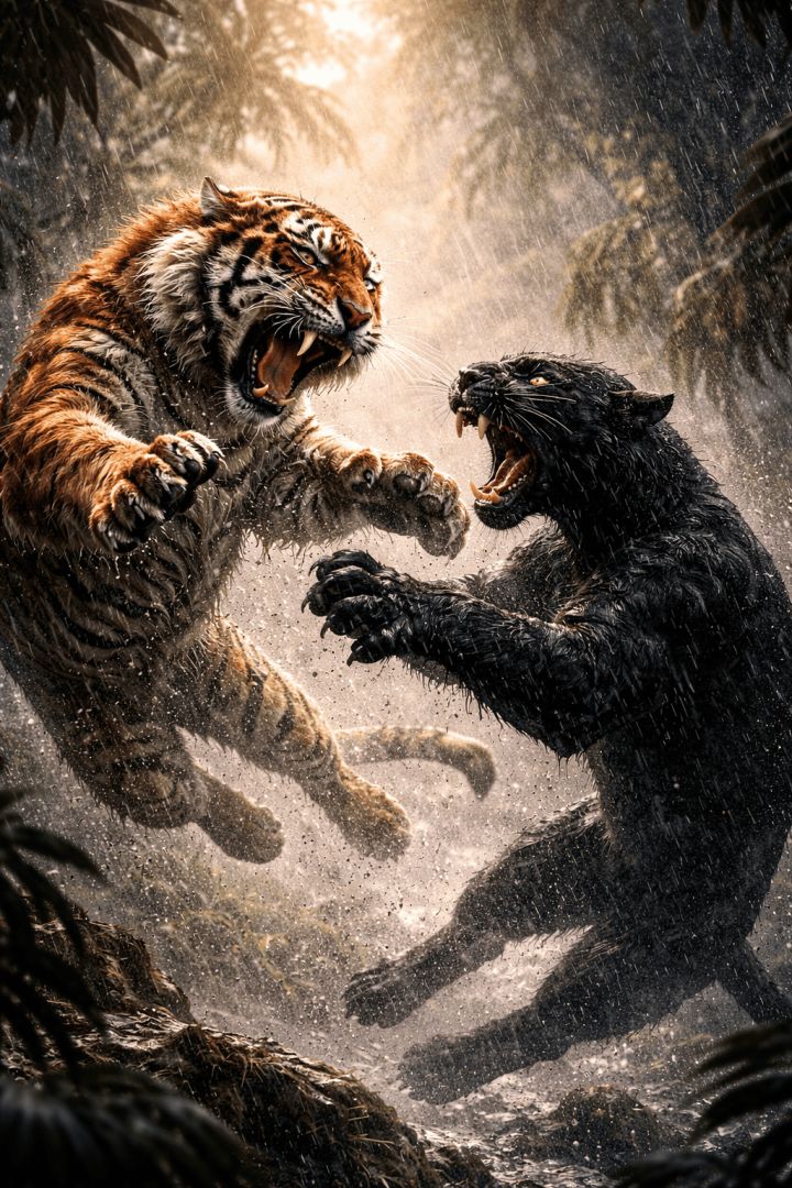 Tigers and panthers in mid-air clash wild wallpaper