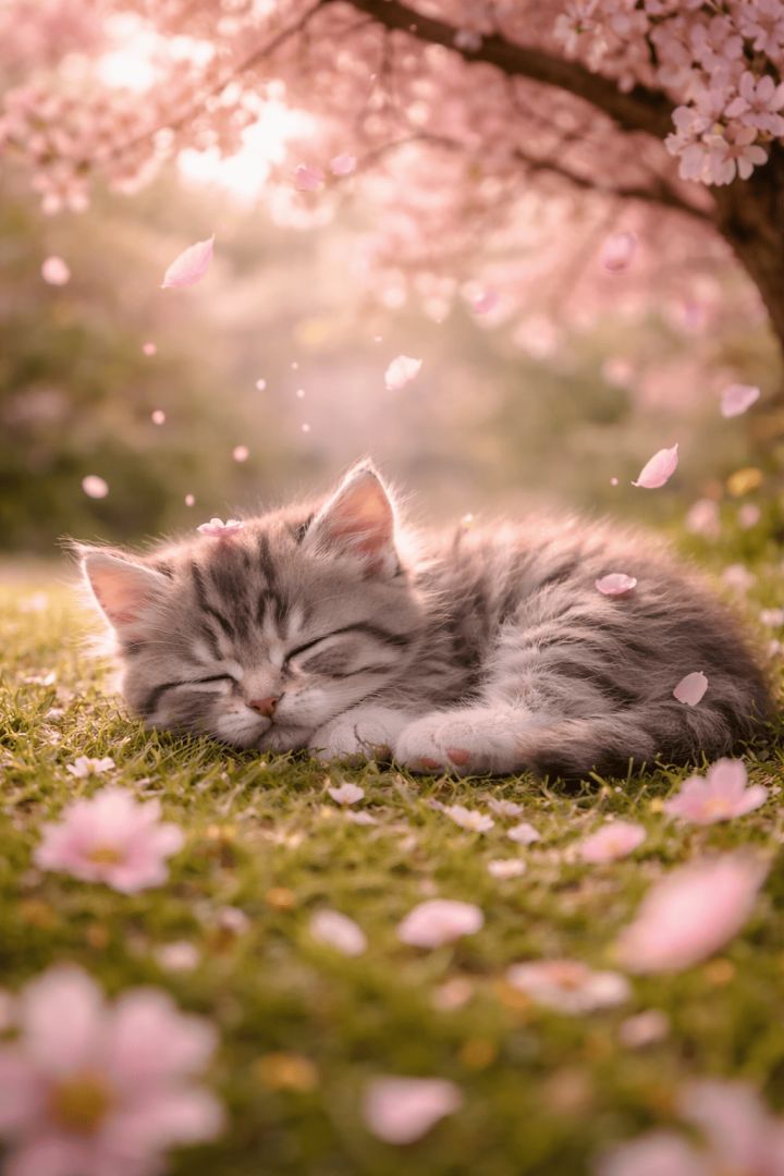 Tiny Sleeping Kitten Under Cherry Blossom Tree Pink Petals Wallpaper wallpaper