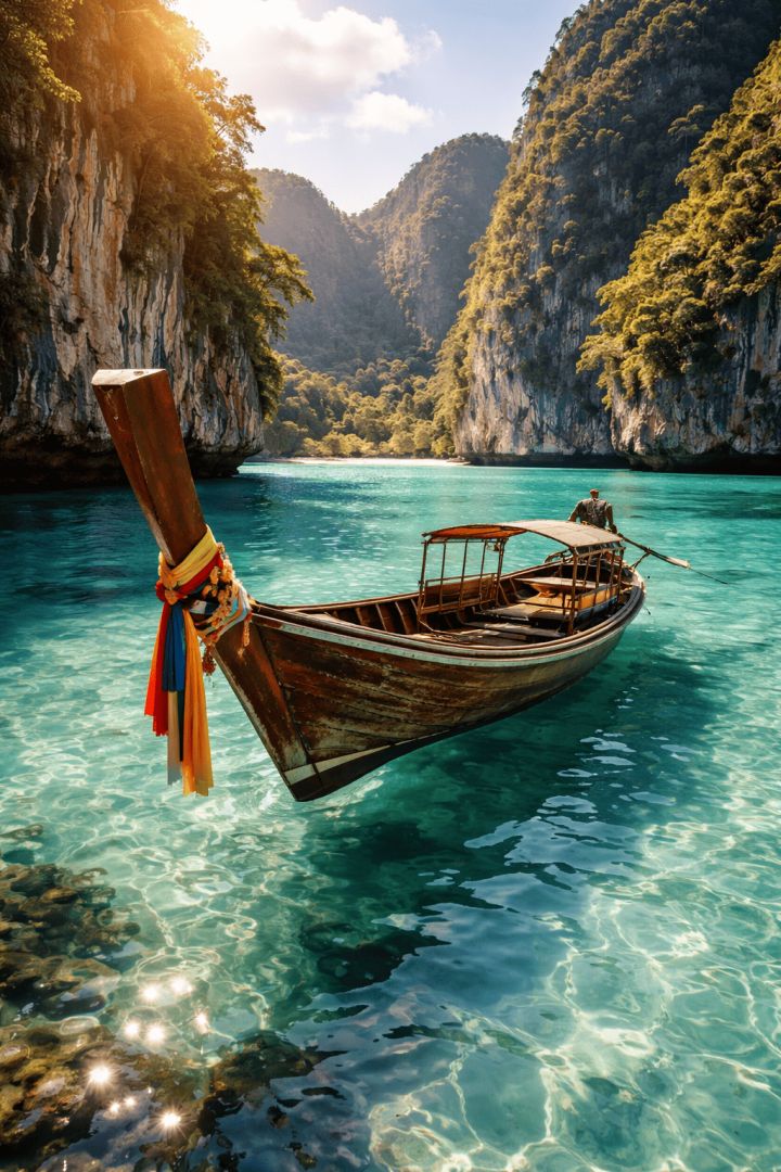 Traditional Thai longtail boat in lagoon adventure wallpaper