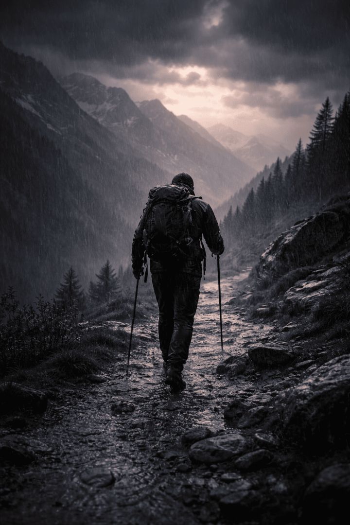 Trekking through the stormy mountains wallpaper