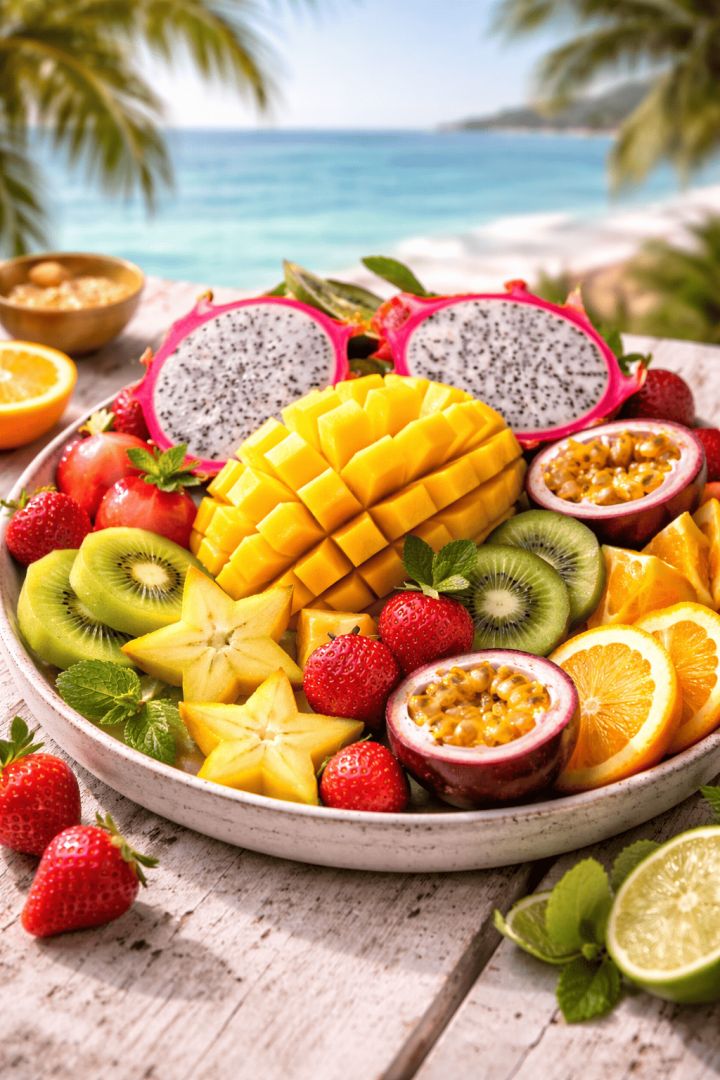 Tropical fruit feast by the sea food wallpaper