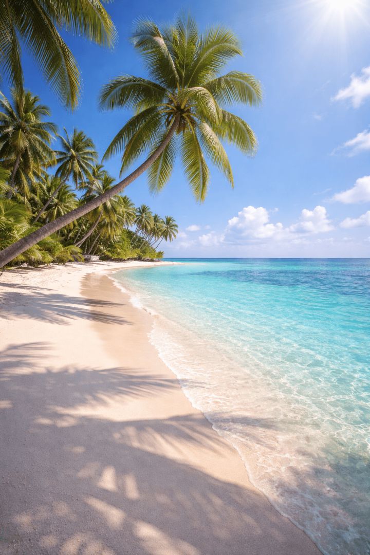 Tropical paradise with leaning palms wallpaper