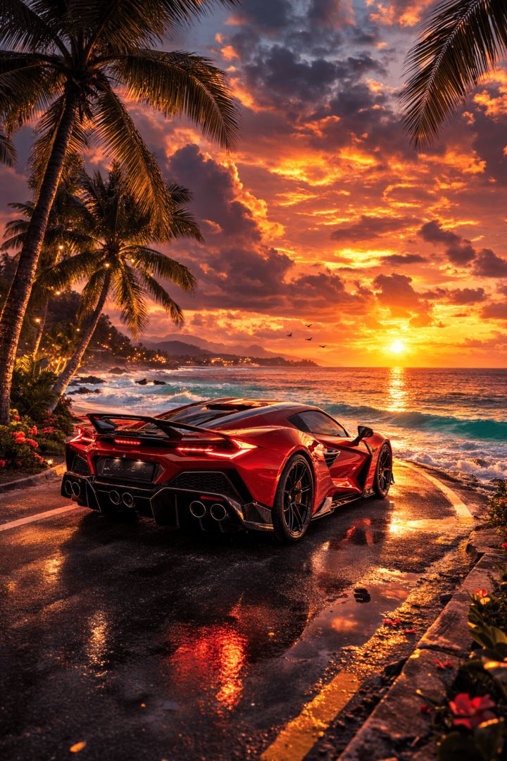 Tropical sunset and supercar serenity wallpaper
