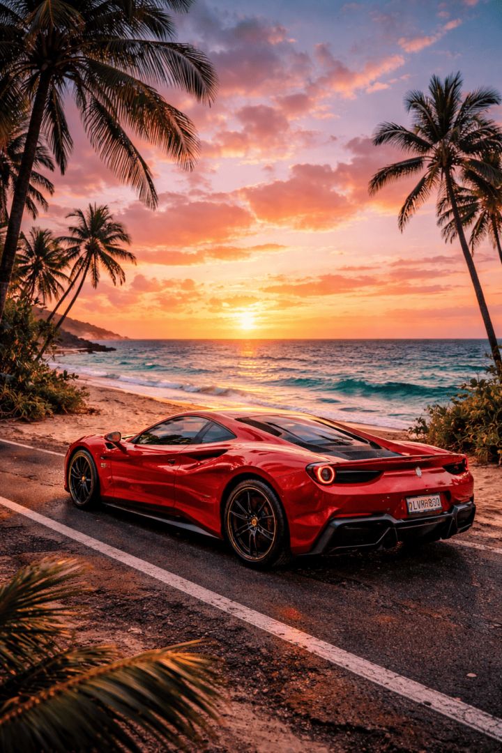 Tropical sunset and supercar serenity beautiful view wallpaper