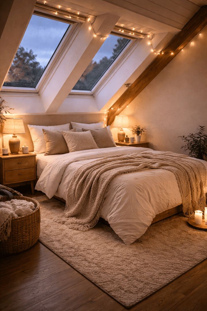 Twilight attic serenity with cozy bed calm wallpaper