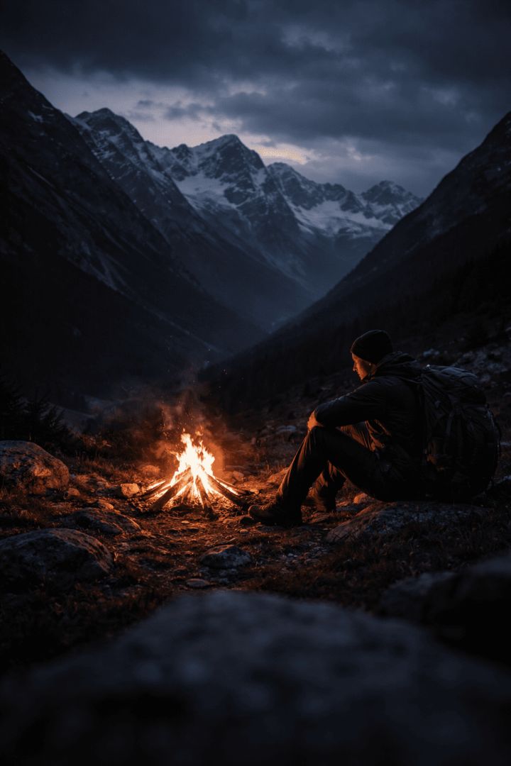Twilight hiker by the alpine fire wallpaper