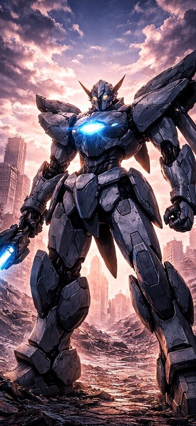 Twilight mech in ruined city wallpaper