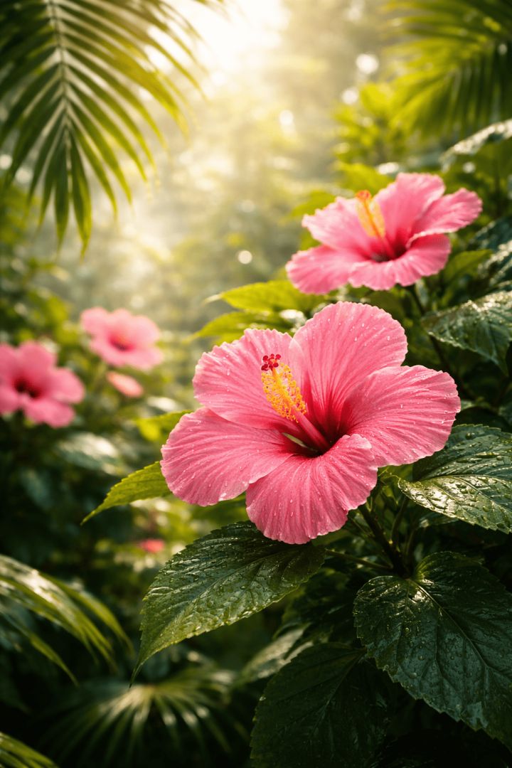 Vibrant pink hibiscus in sunlight flowers wallpaper