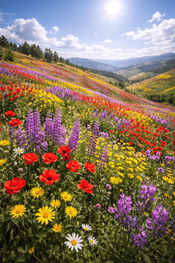 Vibrant wildflowers on rolling hills wallpaper