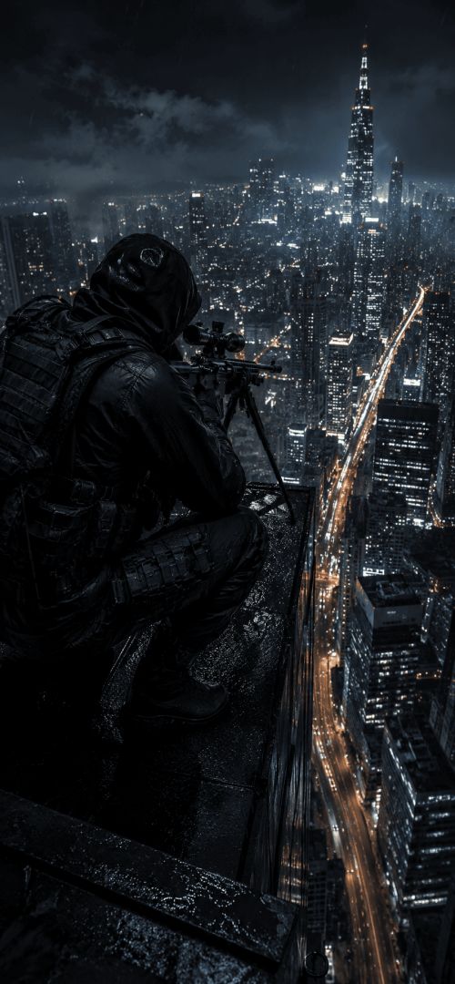Vigilante on a rainy rooftop edge game wallpaper