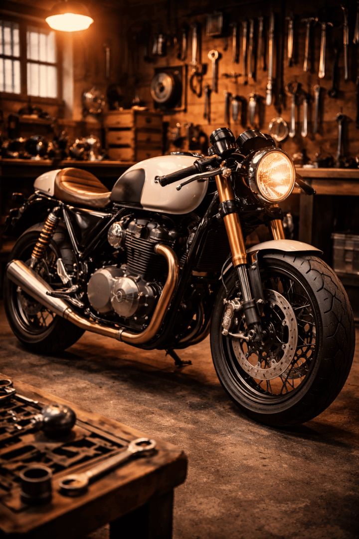 Vintage cafe racer in warm garage light bike wallpaper