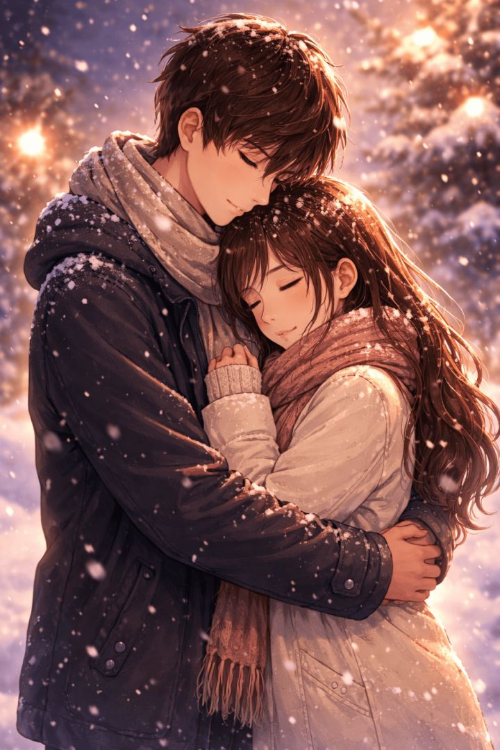 Winter embrace under falling snow wallpaper