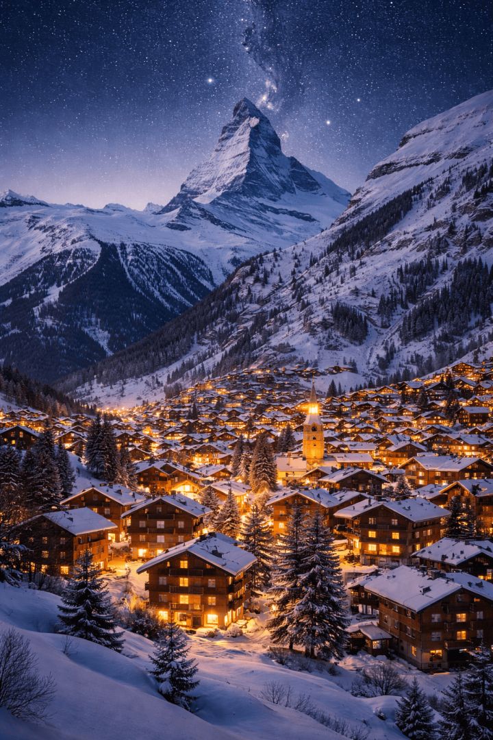 Winter night in Zermatt village wallpaper