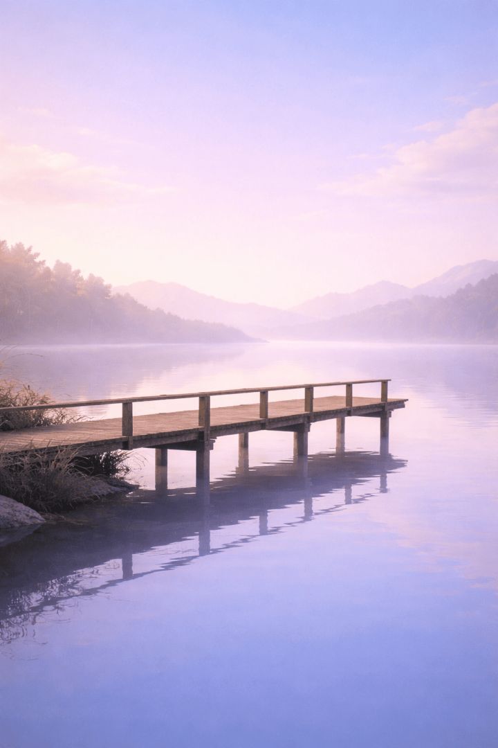 Wooden bridge over calm lake minimalist wallpaper