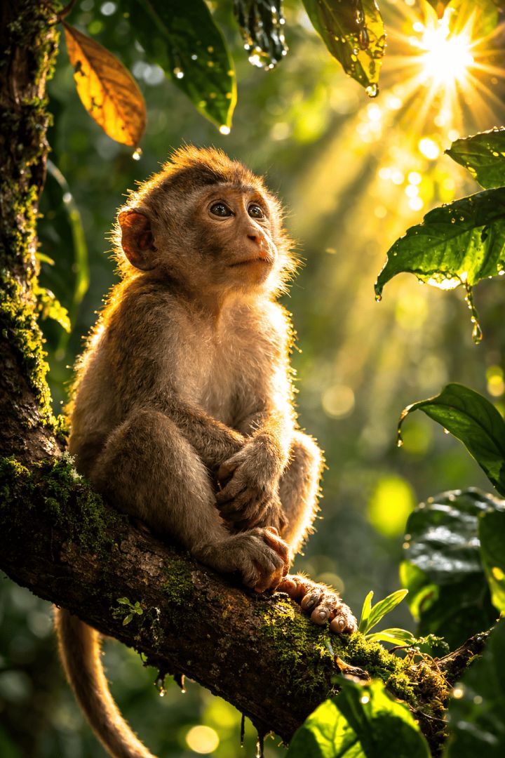 Young monkey in sunlit rainforest wallpaper